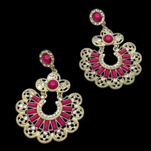 Gold Filigree & Pink Gem Statement Dangle Earrings